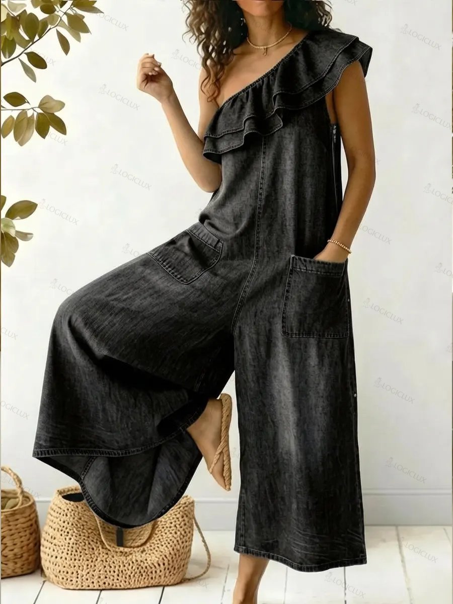 Women's Casual Off-the-shoulder Ruffled Denim Cotton Jumpsuit