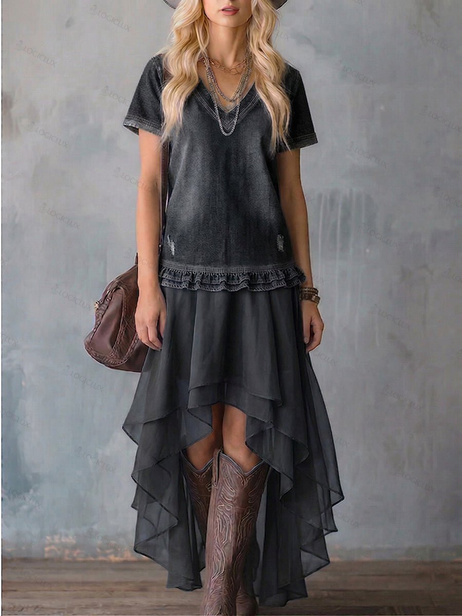 Stylish Boho Loose-fit Denim Maxi Dress With Organza Hem