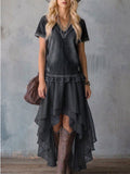 Stylish Boho Loose-fit Denim Maxi Dress With Organza Hem