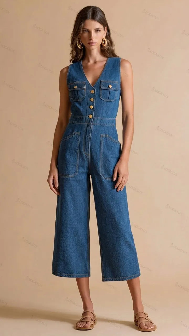 Womens Sleeveless V-neck Double-pocket Single-breasted Denim Wide Leg Jumpsuit