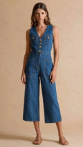 Womens Sleeveless V-neck Double-pocket Single-breasted Denim Wide Leg Jumpsuit