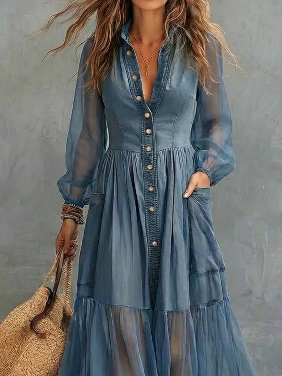 Women's Retro Lapel Denim Organza Patchwork Art Casual Maxi Dress