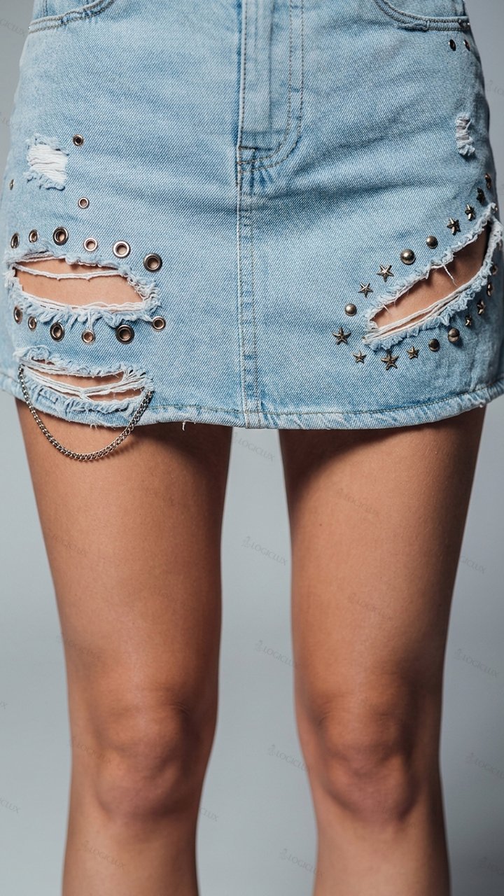 Womens High Waist Ripped Stud Denim Mini Skirt