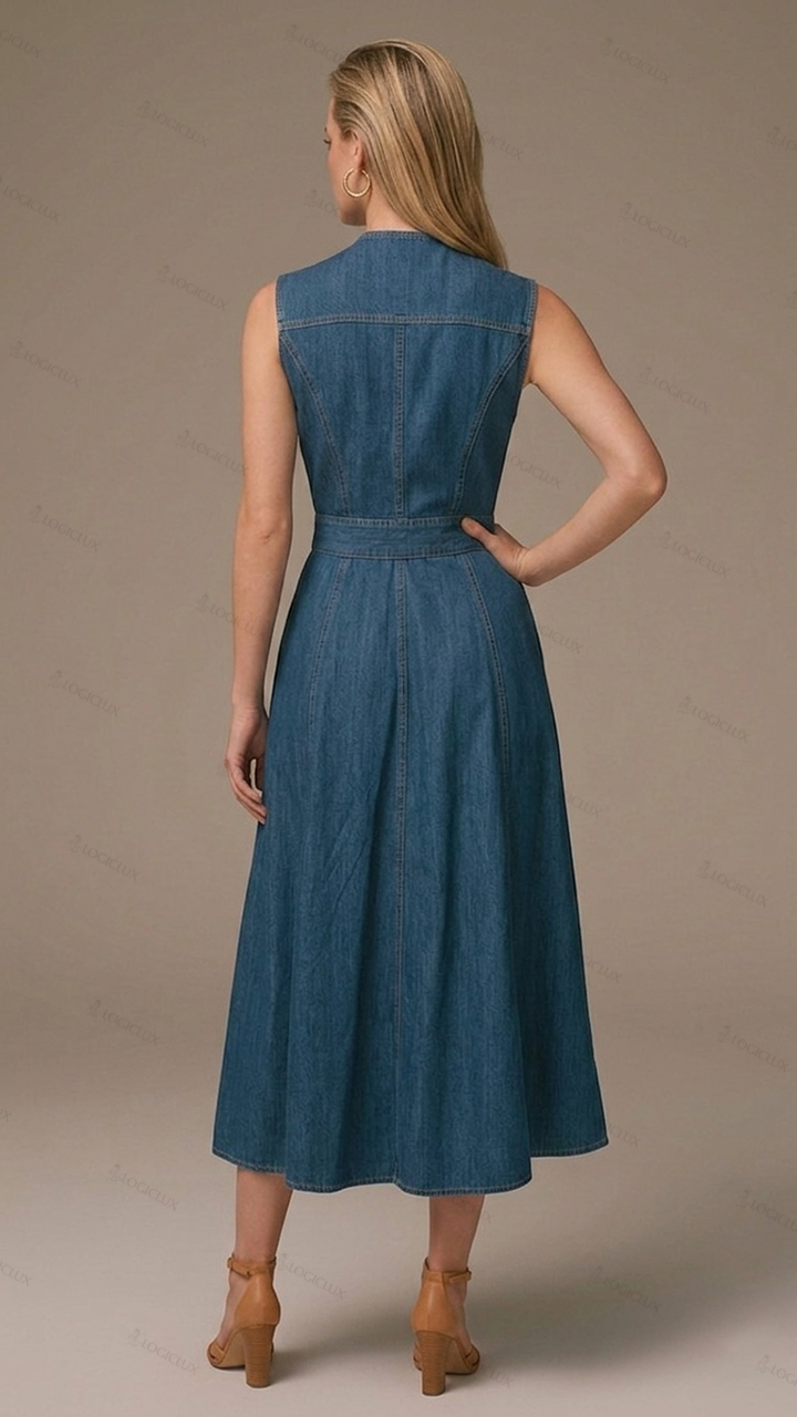 Womens Sleeveless V-neck Single-breasted Denim A-line Midi Dress