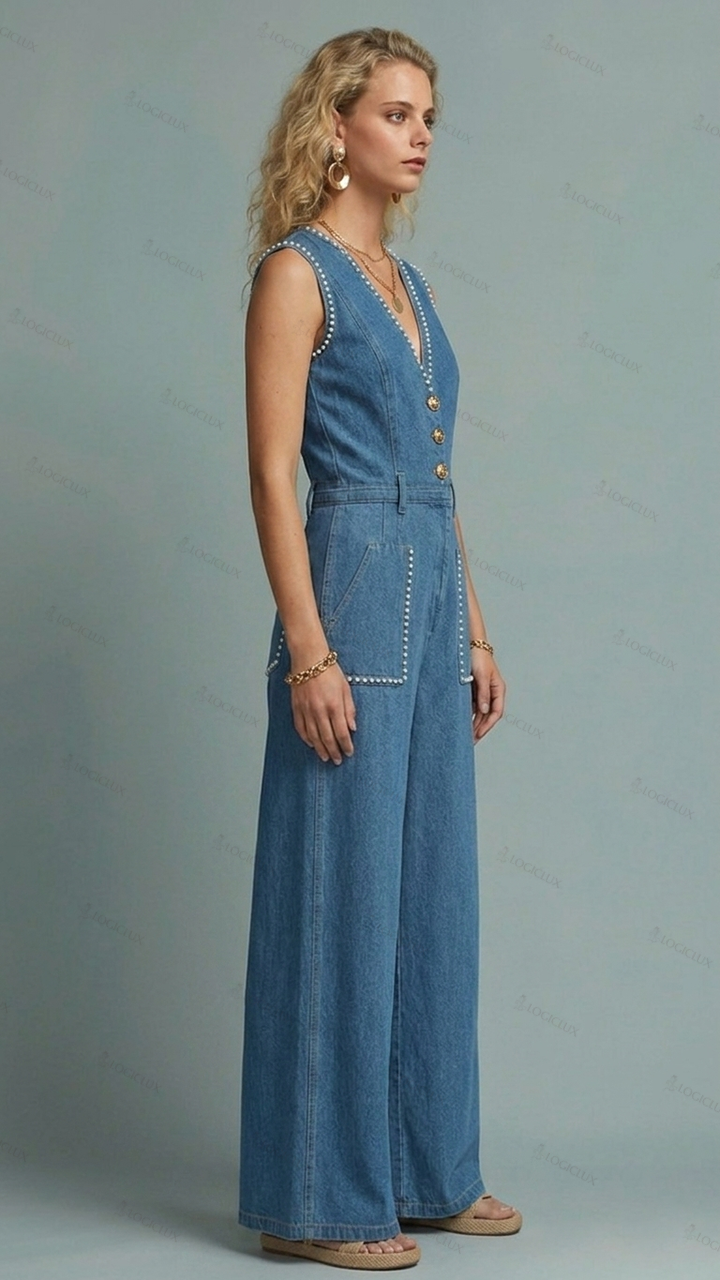 Womens Sleeveless V-neck Stud Decorated Denim Wide Leg Jumpsuit