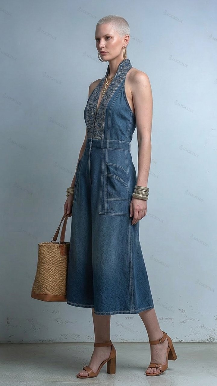 Women's Embroidered Halter Denim Jumpsuit