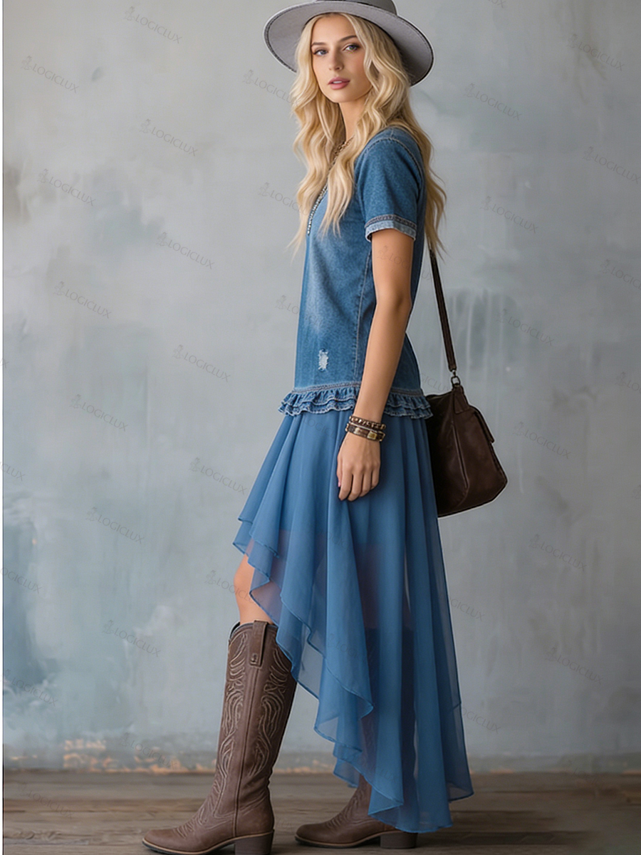 Stylish Boho Loose-fit Denim Maxi Dress With Organza Hem