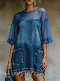 Women's Retro Blue Organza-Paneled Denim Dress