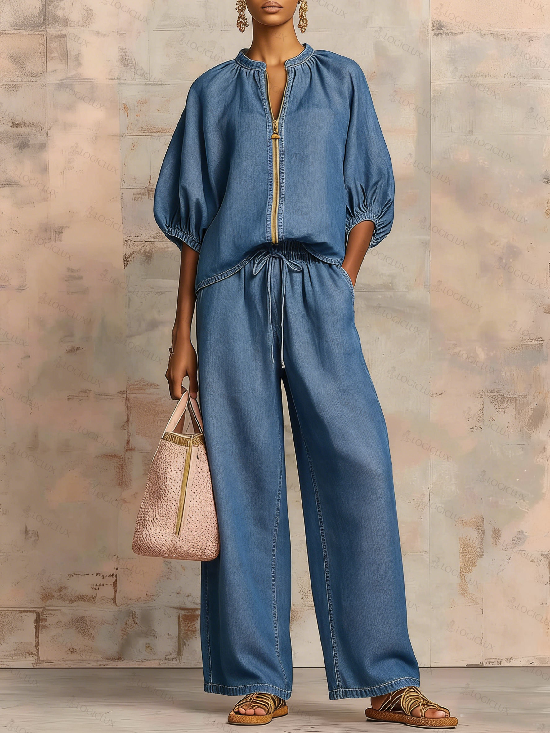 Cozy Stylish Zip-up Top And Wide-leg Jeans Set