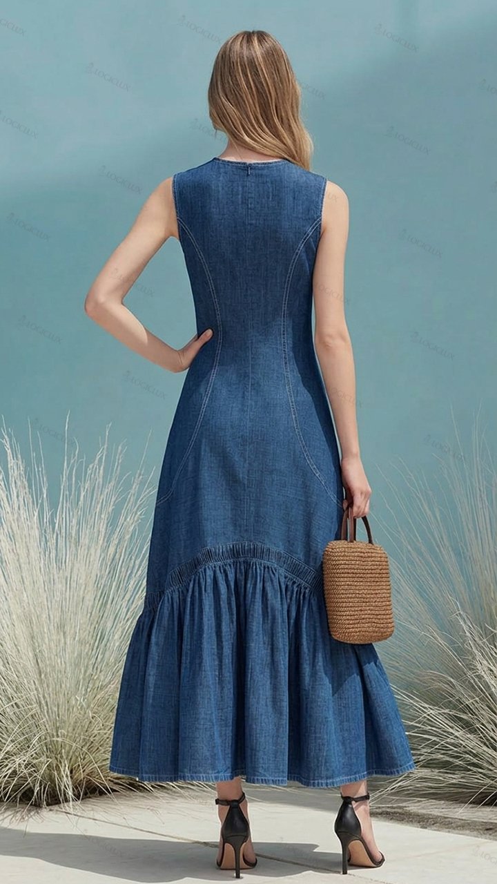 Women's Sleeveless Denim Ruffle Hem Long Dress