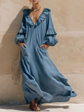 Loose-fitting V-neck Ruffled Double-pocket Cotton And Linen Long-sleeved Maxi Dress