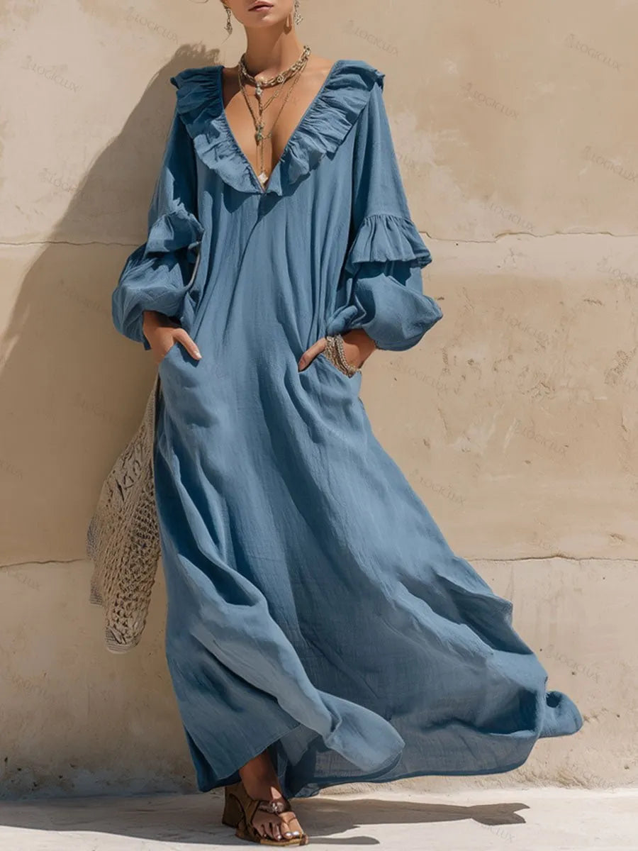 Loose-fitting V-neck Ruffled Double-pocket Cotton And Linen Long-sleeved Maxi Dress