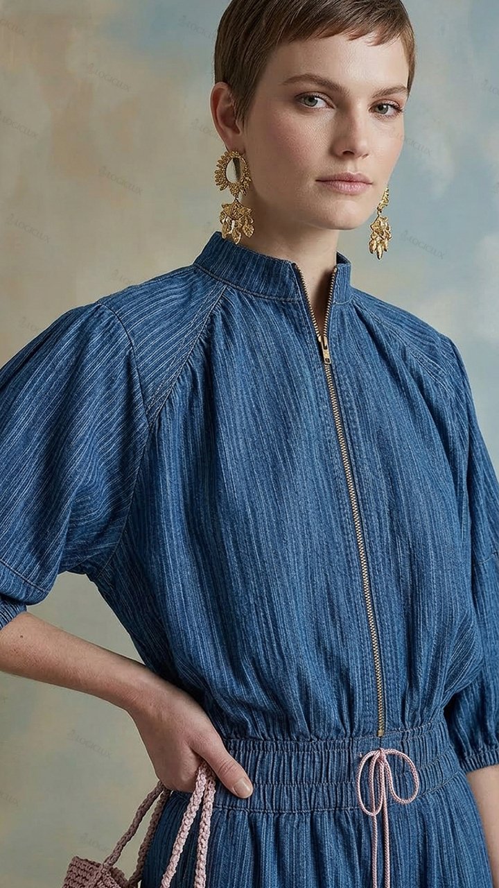 Women's Stand-up Collar Zipper Denim Jumpsuit