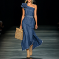 Elegant Strapless Denim 3D Floral Maxi Dress