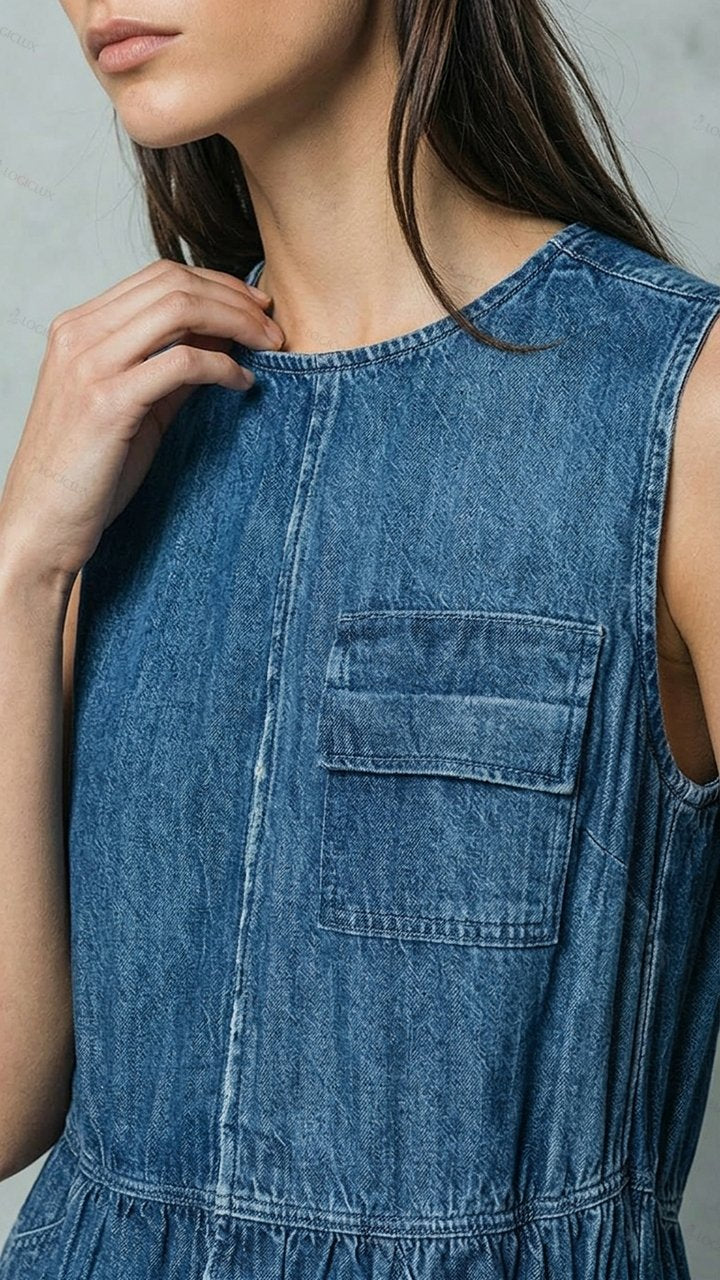 Women's Sleeveless Cinched-waist Denim Maxi Dress with Pockets