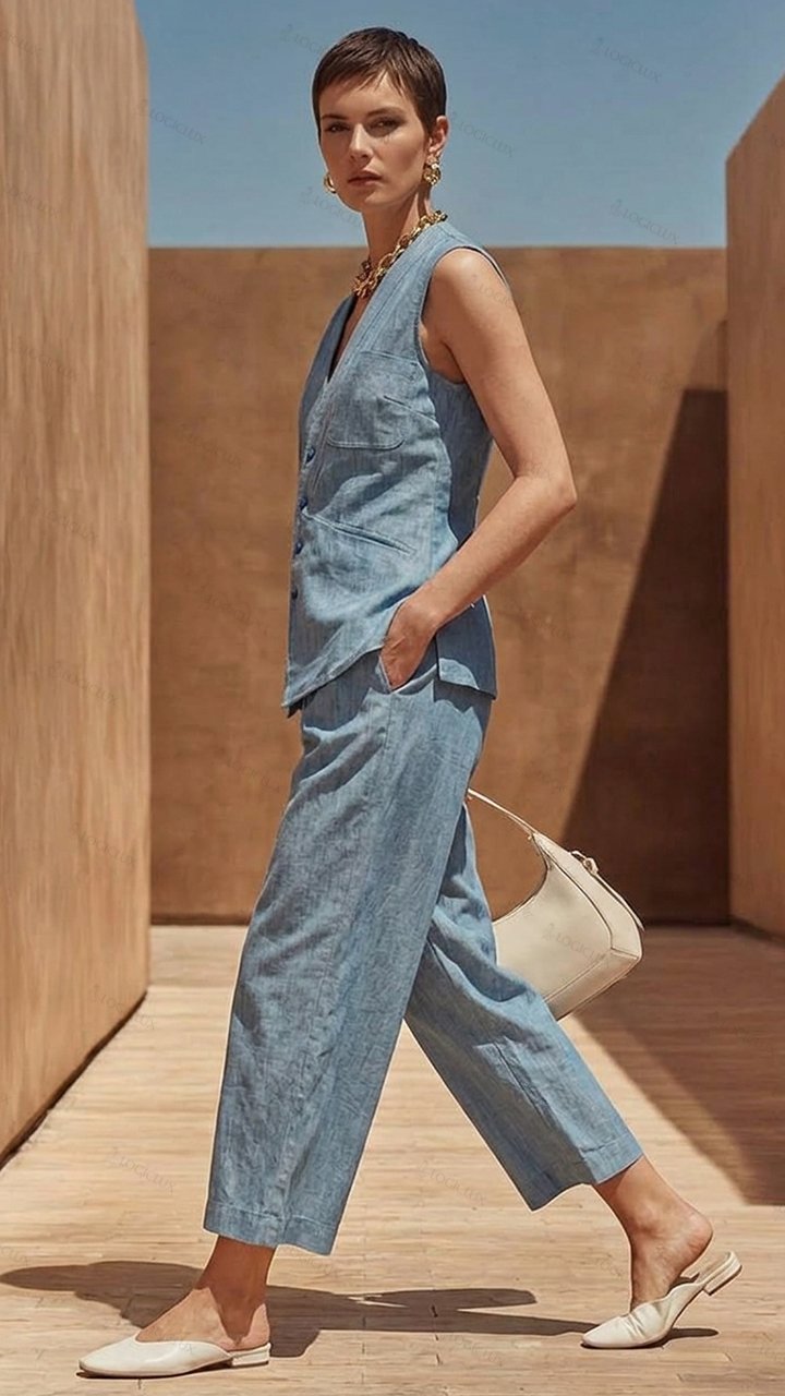 Women's V-neck Sleeveless Denim Vest and Wide-leg Pants Set