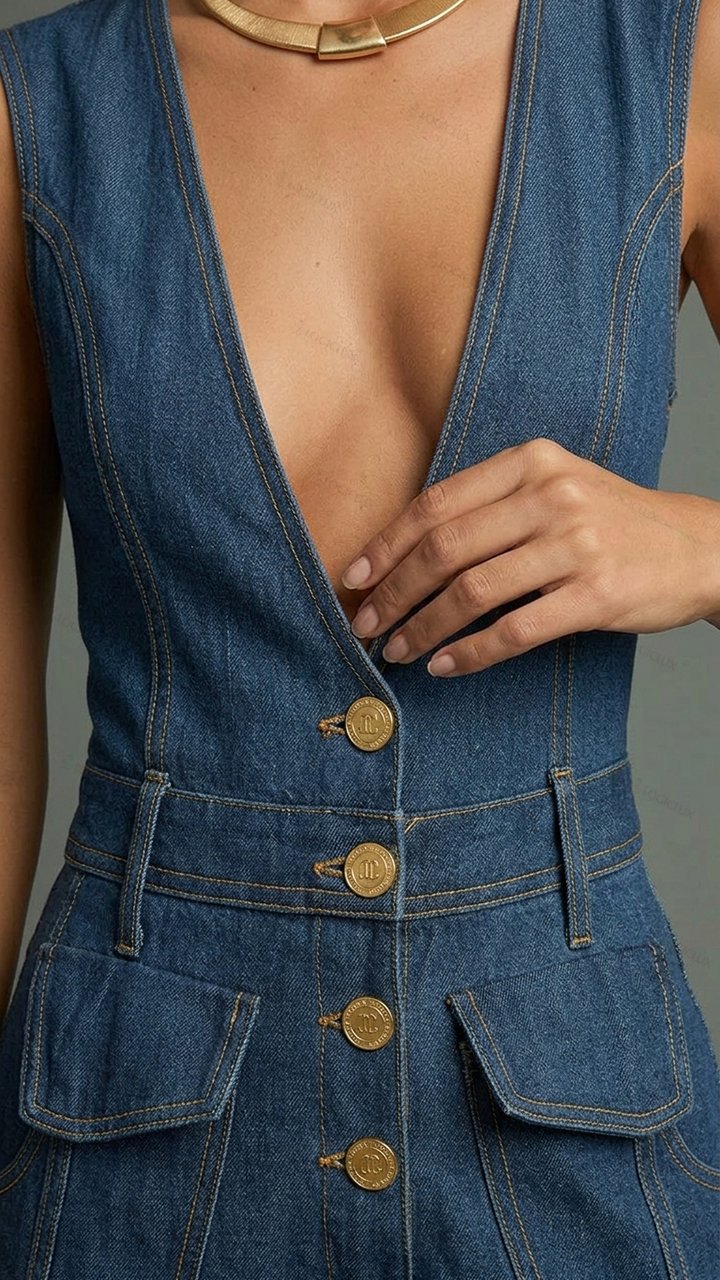 Womens Sleeveless Deep V-neck Single-breasted Multi-pocket Wide Leg Denim Jumpsuit