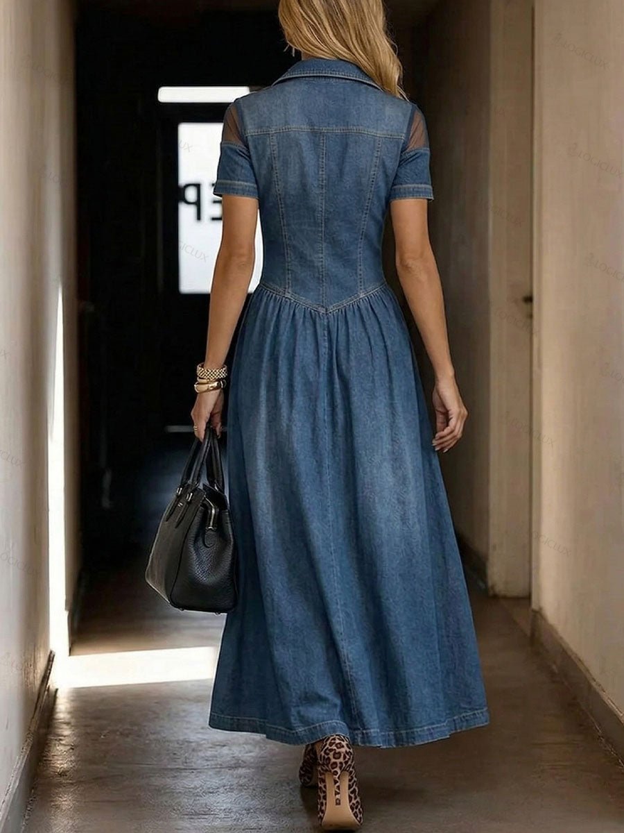 Women's Casual Loose Denim-paneled Dress With Lapel Collar And Short Sleeves