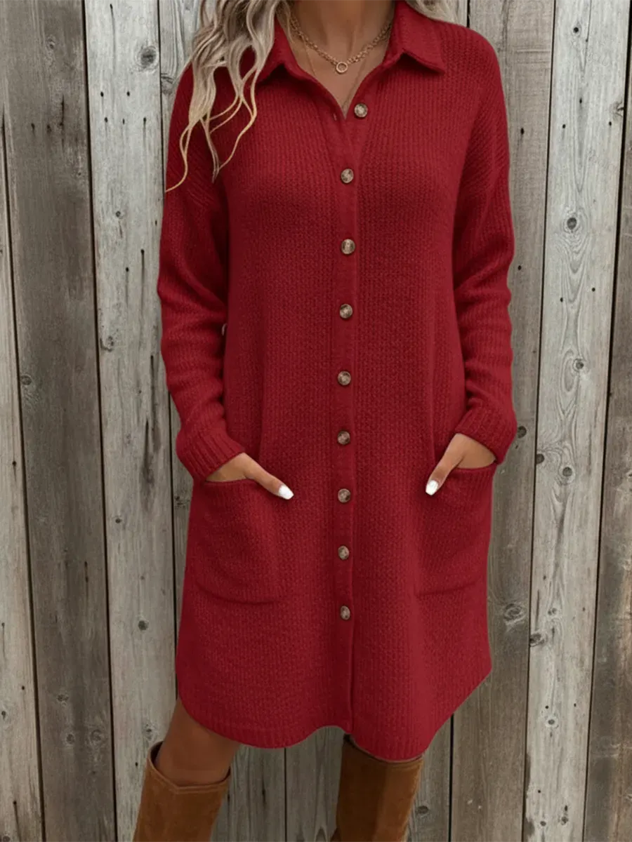 Women's Casual Pocket Knit Midi Shirt Dress