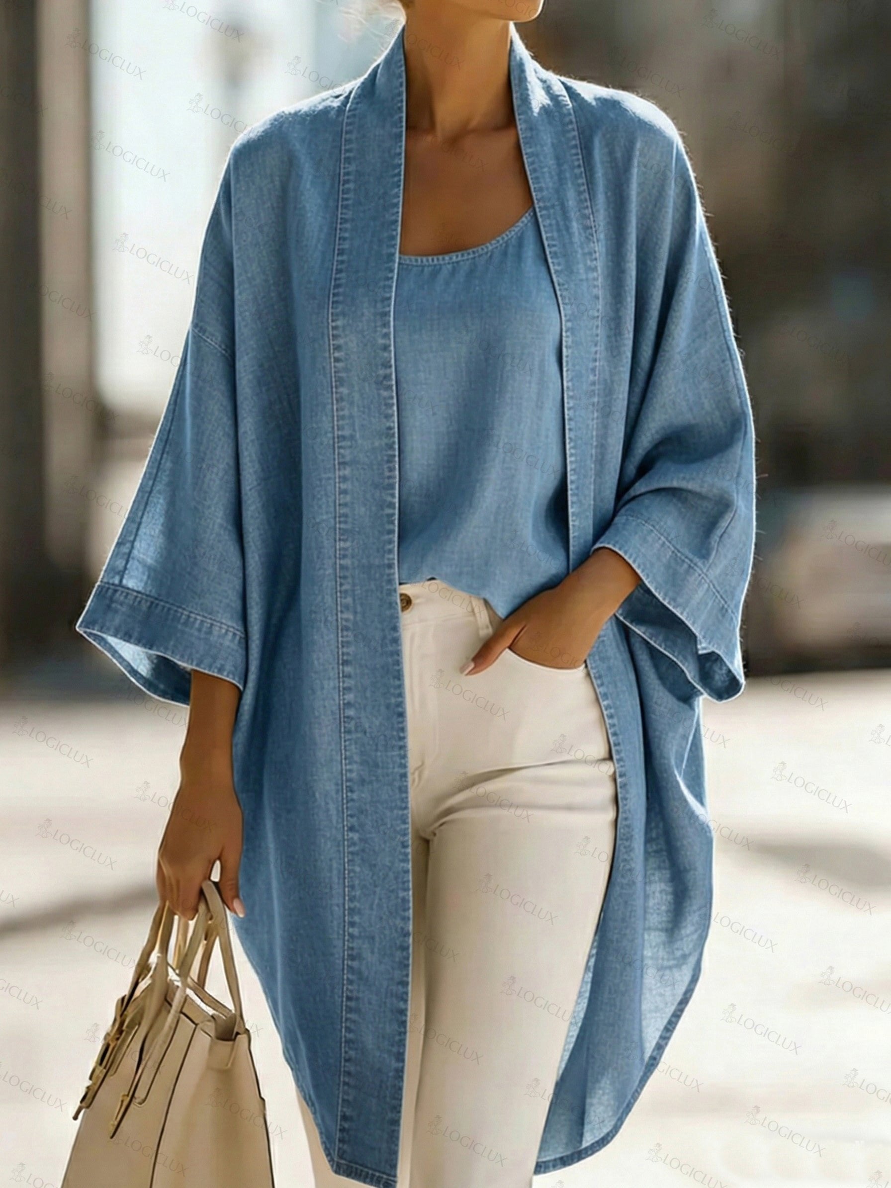 Women’s Casual Denim Two-Piece Set – Elegant Everyday Top & Wide-Leg Pants Outfit