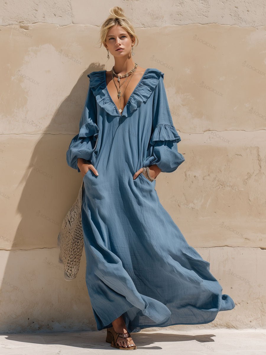 Loose-fitting V-neck Ruffled Double-pocket Cotton And Linen Long-sleeved Maxi Dress