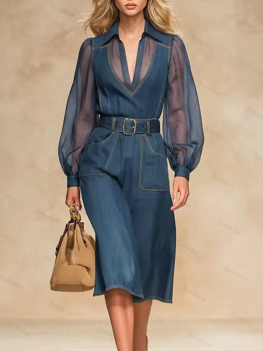 Stylish Casual Spliced chiffon And Denim Dress