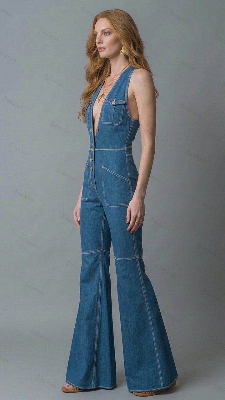 Womens Sleeveless Deep V-neck Multi-pocket Single-breasted Flared Denim Jumpsuit