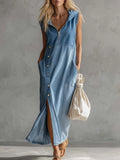 Exquisite Vintage Casual Hooded V-neck Zipper Side Slits Buttons Blue Denim Midi Dress