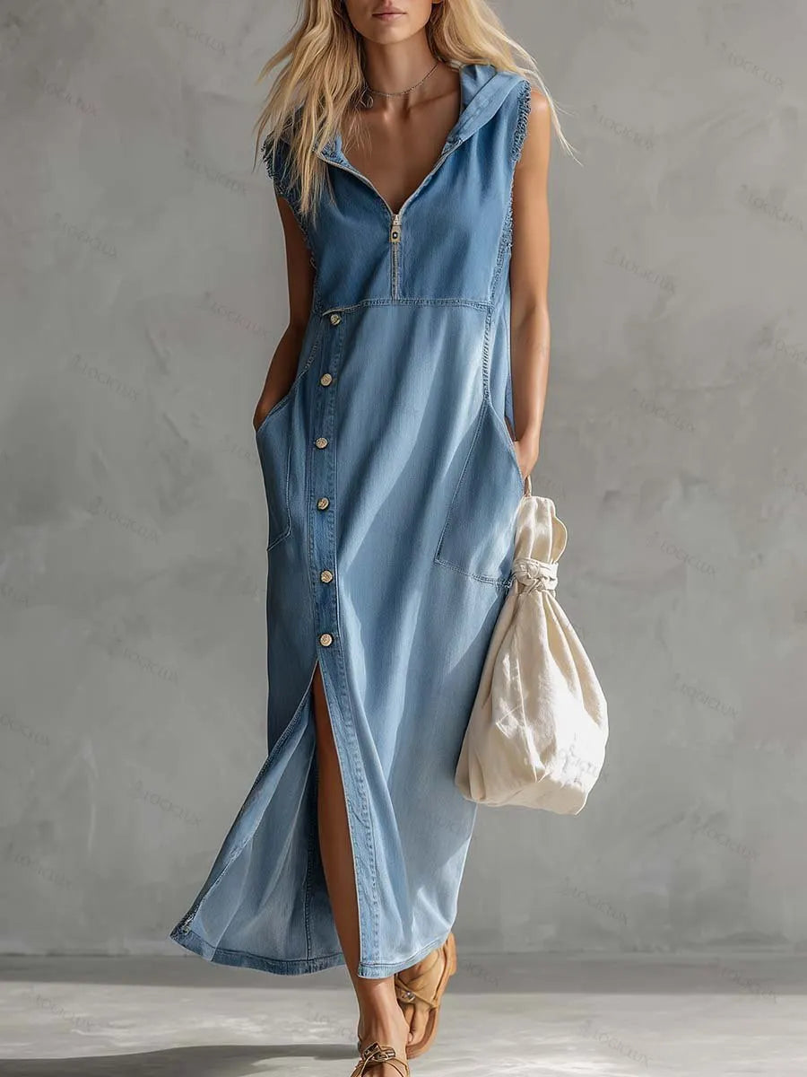 Exquisite Vintage Casual Hooded V-neck Zipper Side Slits Buttons Blue Denim Midi Dress