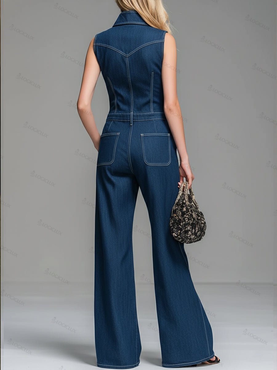 Women's Casual 100% Cotton Zip-up Denim Jumpsuit