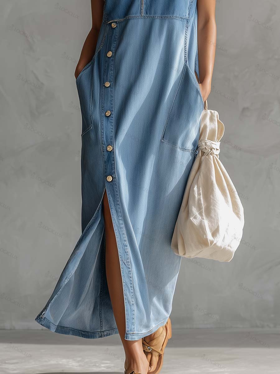 Exquisite Vintage Casual Hooded V-neck Zipper Side Slits Buttons Blue Denim Midi Dress