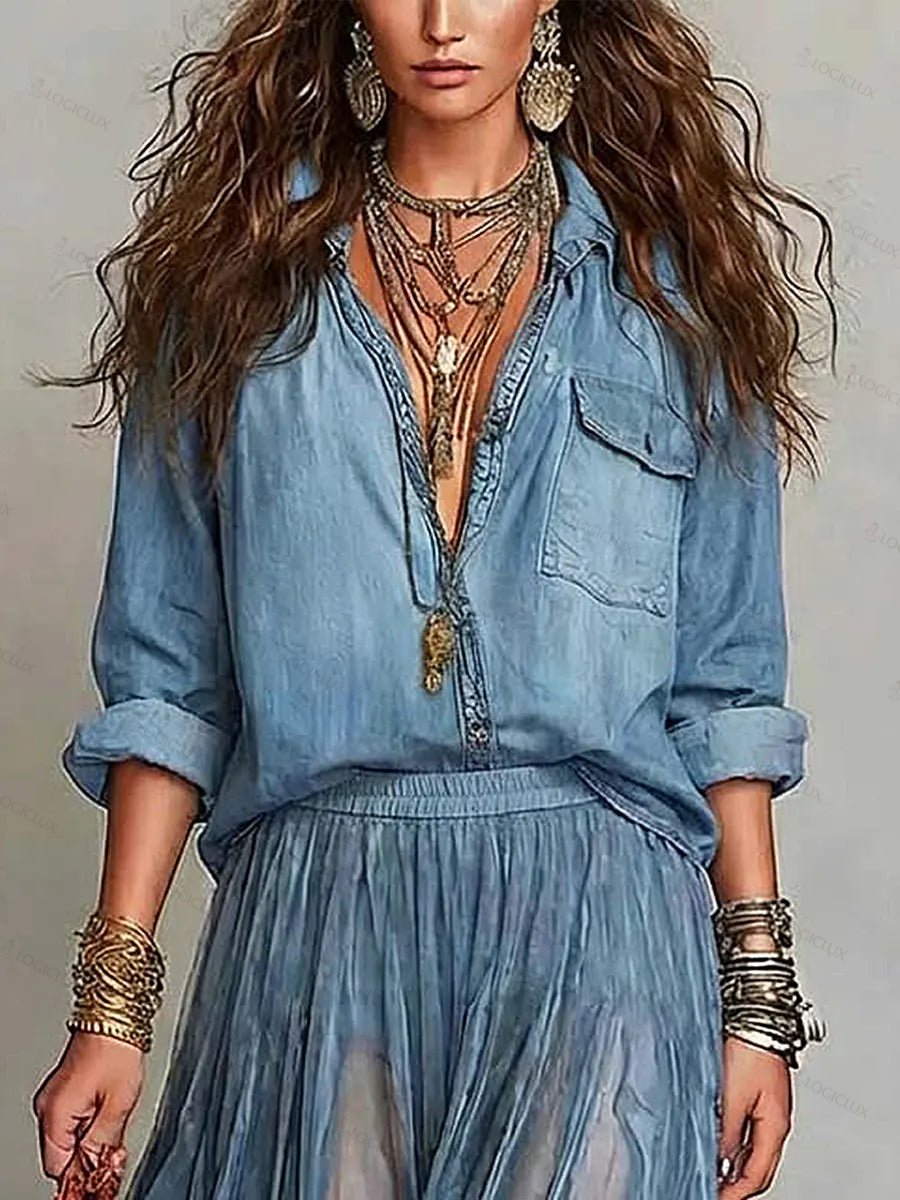 Women's Retro Lapel Art Casual Long Sleeve Denim Shirt