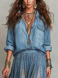 Women's Retro Lapel Art Casual Long Sleeve Denim Shirt