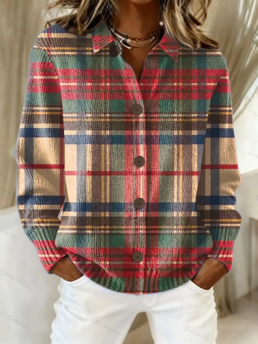 Women's Vintage Plaid Art Print Casual Sweater