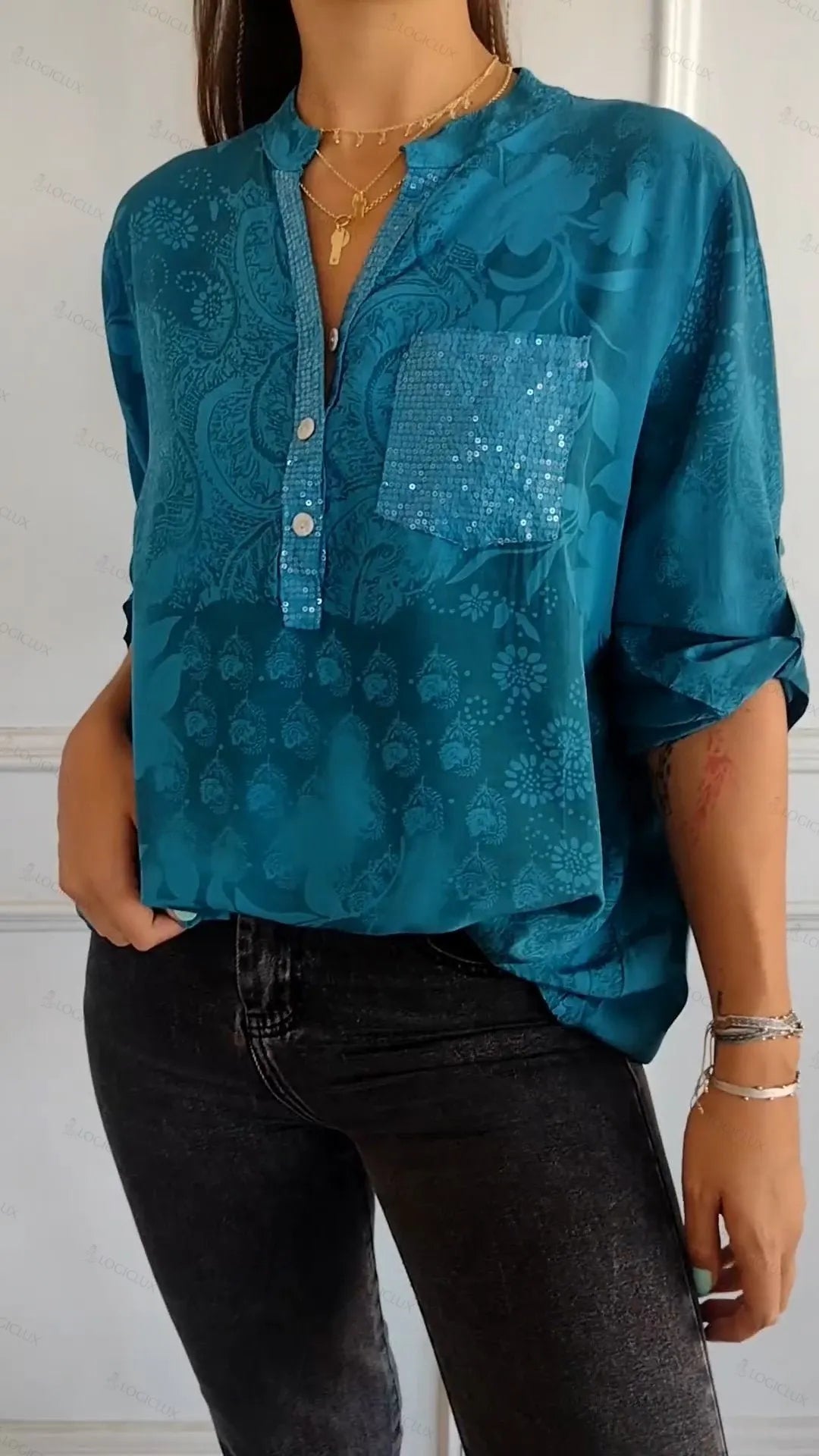 V-neck Half-button Printed Top(buy more save more)