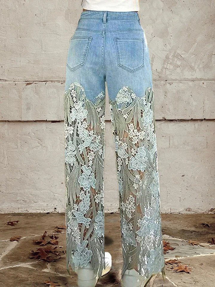 Women's Mid Waist Buttoned Lace Patchwork Jeans