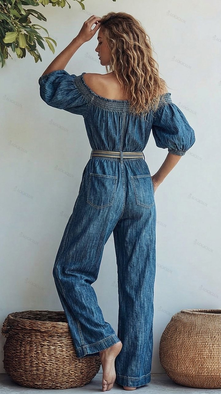 Women's Off-shoulder Puff-sleeve Denim Wide-leg Jumpsuit