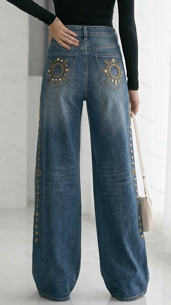 Womens High Waist Wide Leg Embroidered Cut-out Jeans