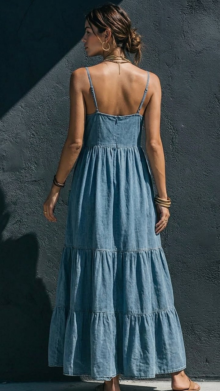 Women's spaghetti-strap Tiered Denim Maxi Dress with Pockets