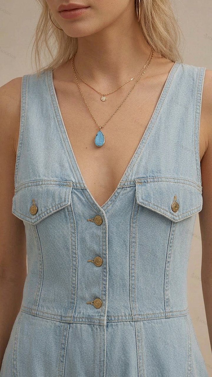 Womens Sleeveless V-neck Single-breasted Wide Leg Denim Jumpsuit