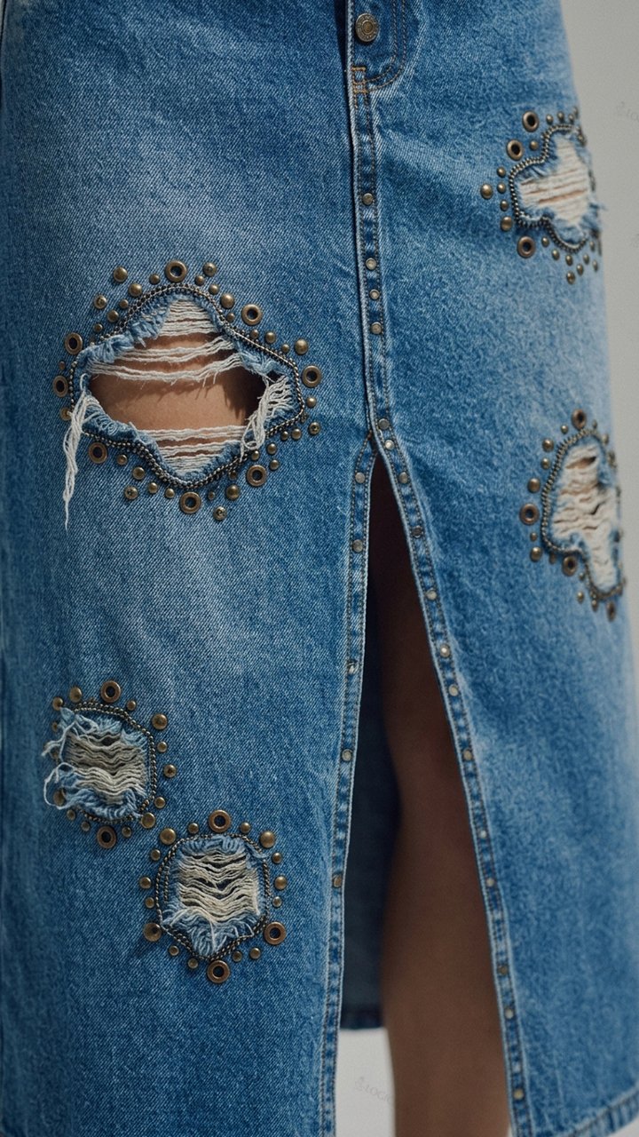 Womens Beaded Ripped Slit Denim Midi Skirt