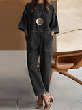 Women's Round Neck 3/4 Sleeve Casual Loose Denim Wide-leg Jumpsuit
