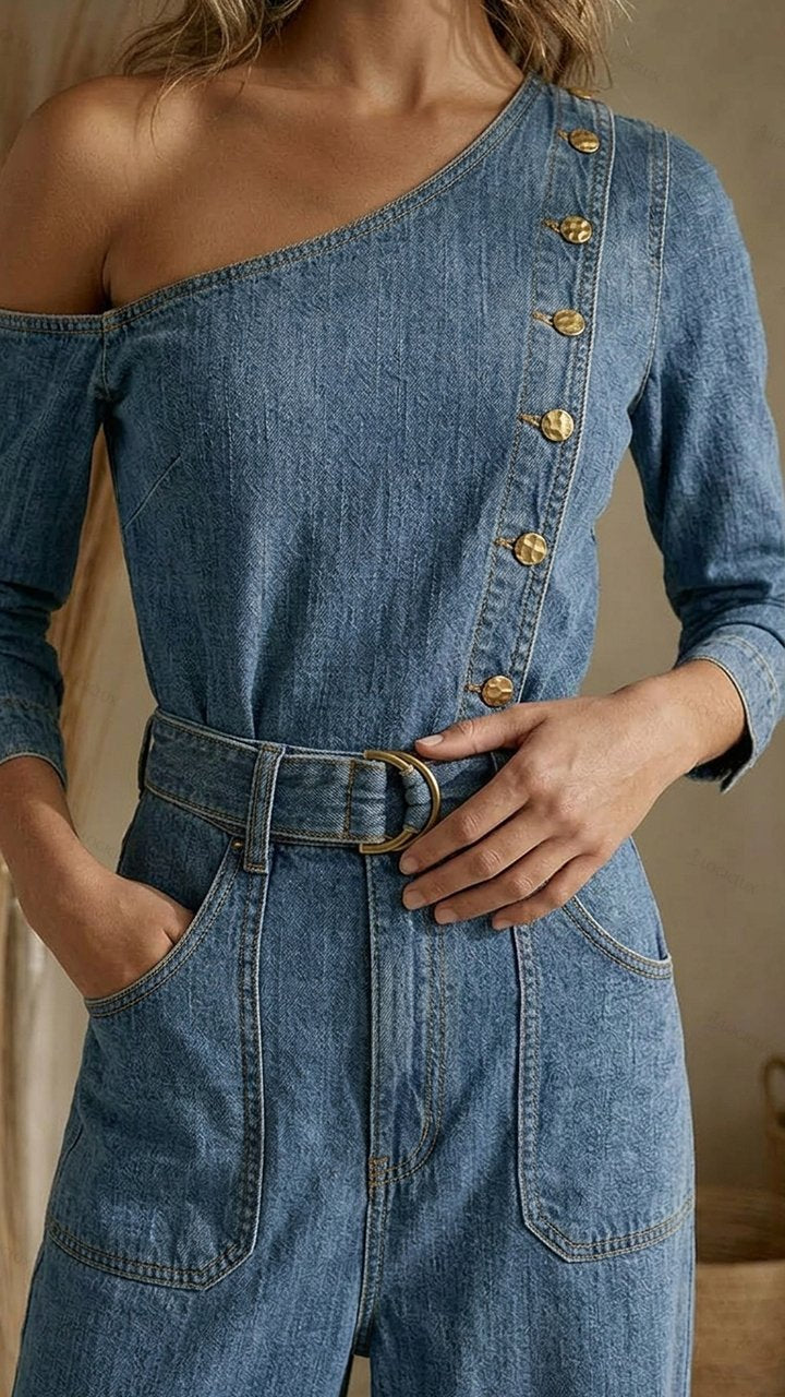 Women's Off-shoulder Single-row Button Denim Wide-leg Jumpsuit