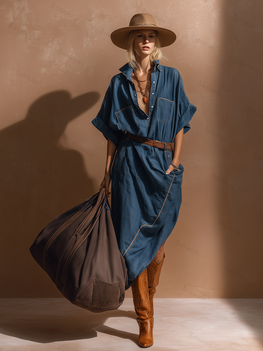 Stylish Western-style Asymmetrical Hem Short Sleeves Denim Midi Dress