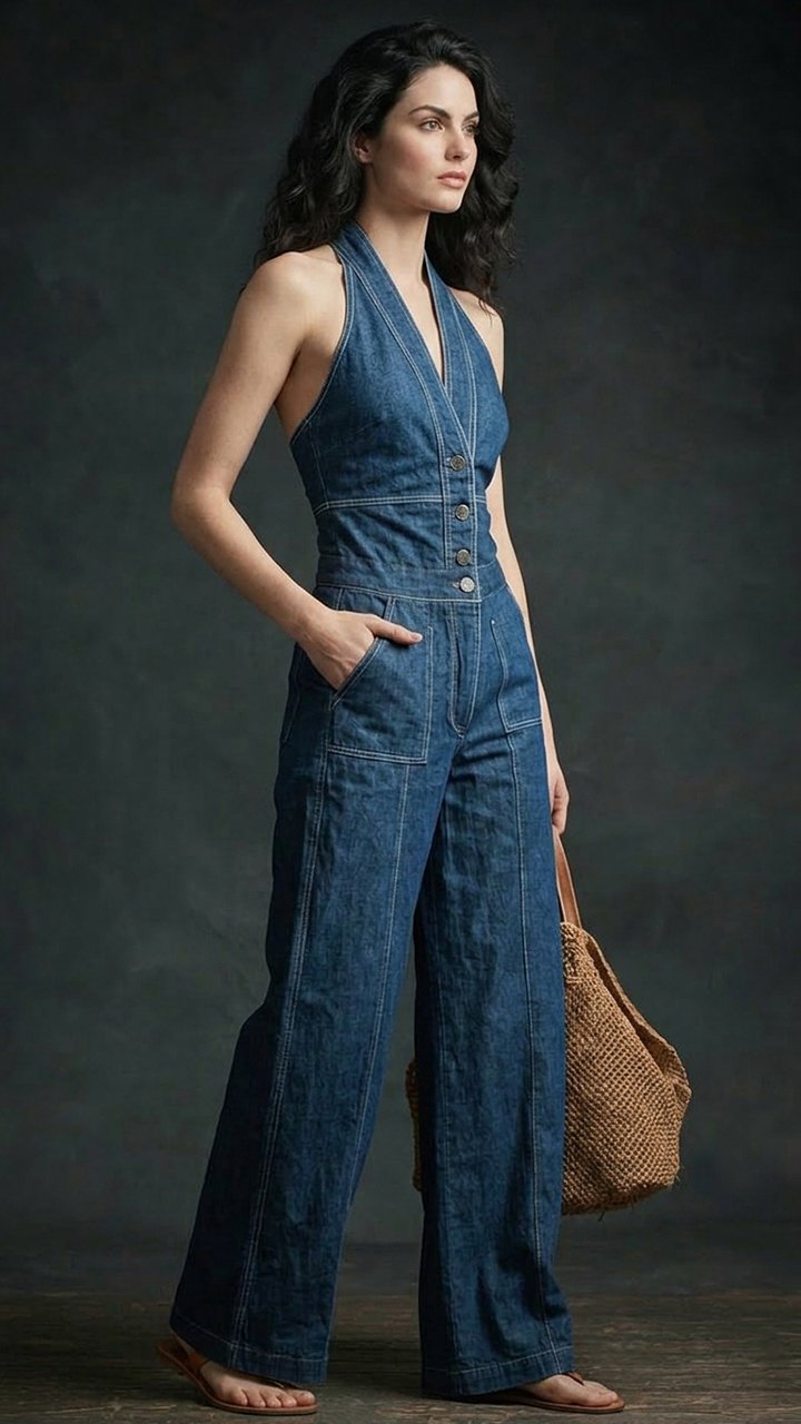 Women's neck-attached denim button-up wide-leg jumpsuit