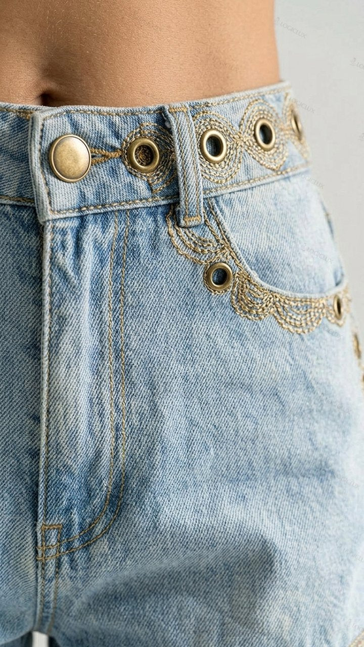 Womens Studded High Waisted Frayed Denim Shorts