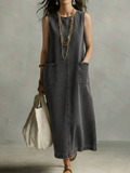 Casual Minimalist Patch Pockets Denim Dress