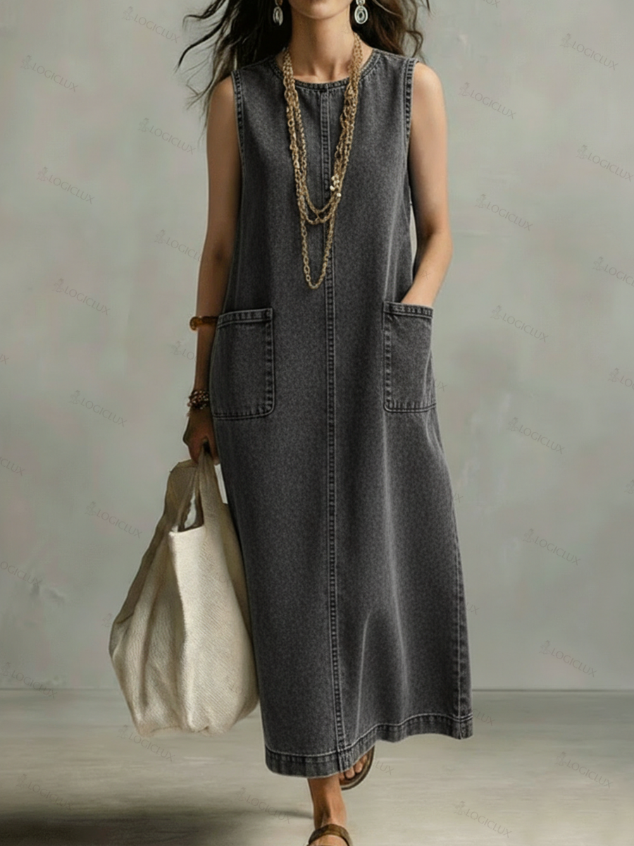 Casual Minimalist Patch Pockets Denim Dress