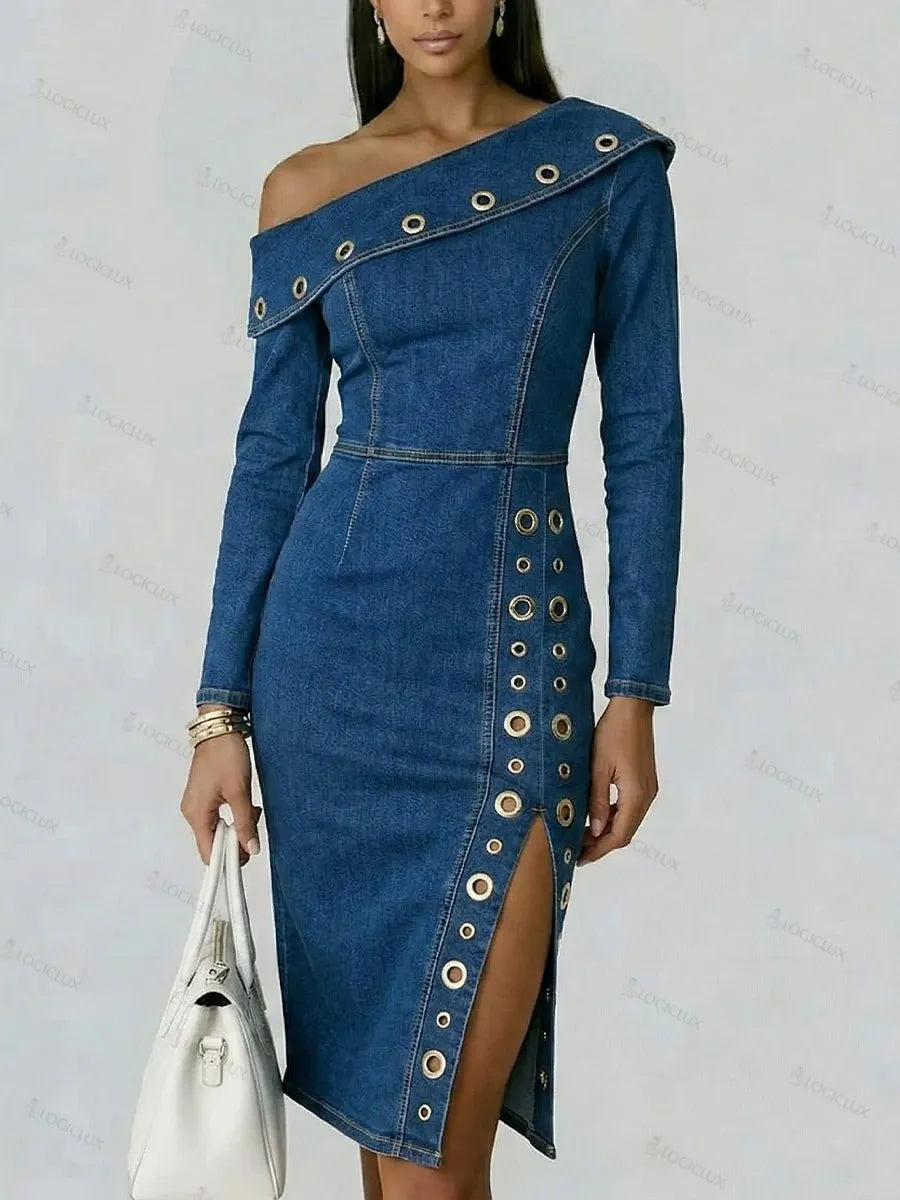 Stylish Off-shoulder Fitted Denim Dress