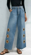 Womens High Waist Wide Leg Side Cut-out Decorated Jeans